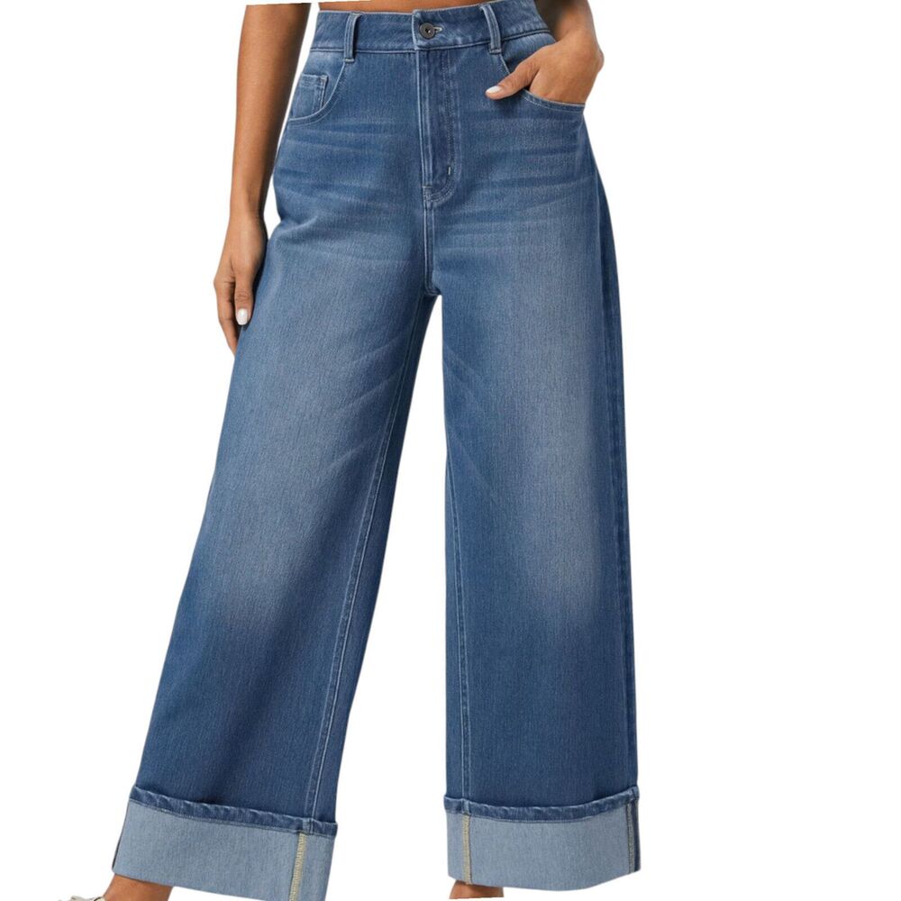 Halara Flex High Waist Cuffed Wide Leg Stretch Knit Blue Jeans Size XL